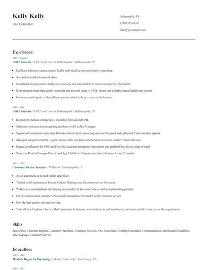 Unit Counselor Resume