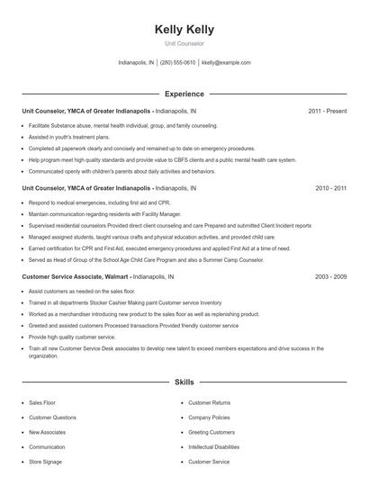 Unit Counselor Resume