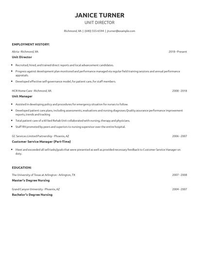 Unit Director Resume