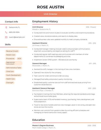 Unit Director Resume