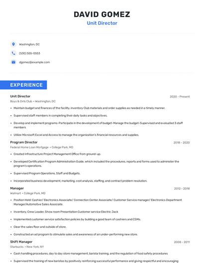 Unit Director Resume