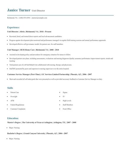 Unit Director Resume