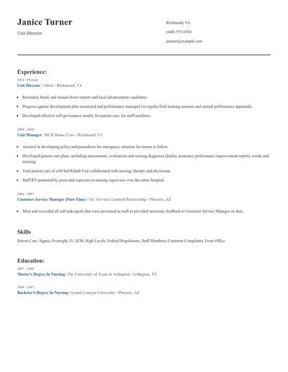 Unit Director Resume