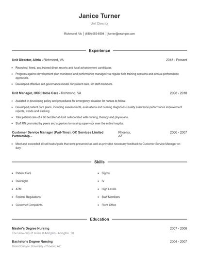 Unit Director Resume