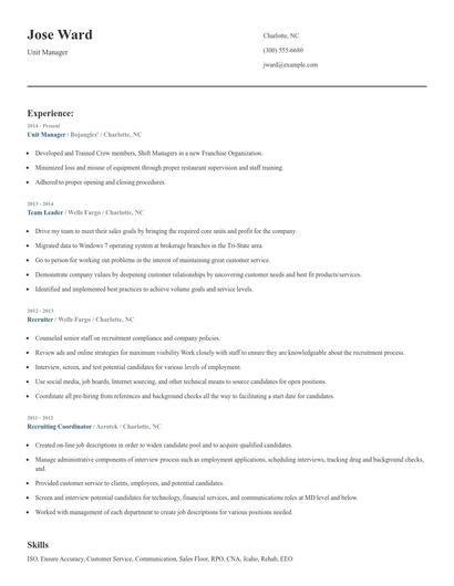 Unit Manager Resume