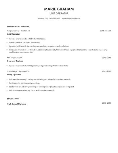 Unit Operator Resume