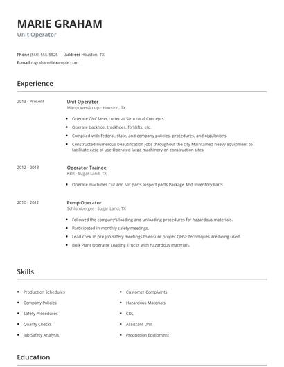 Unit Operator Resume
