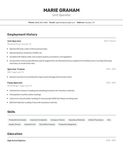 Unit Operator Resume