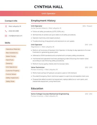 Unit Operator Resume