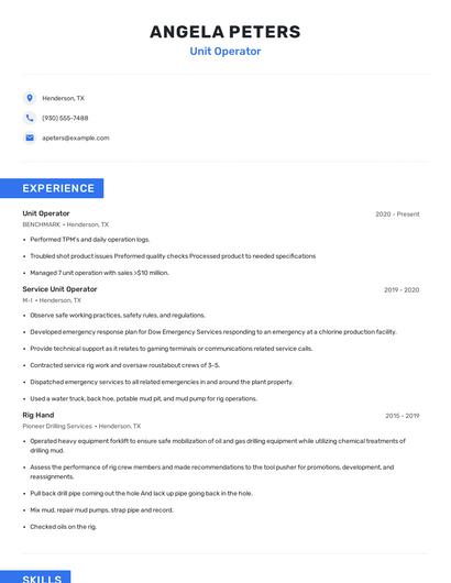 Unit Operator Resume