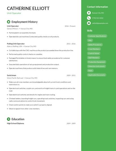 Unit Operator Resume