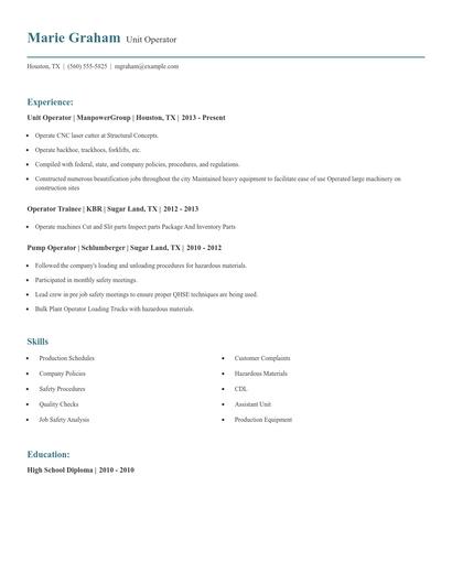Unit Operator Resume