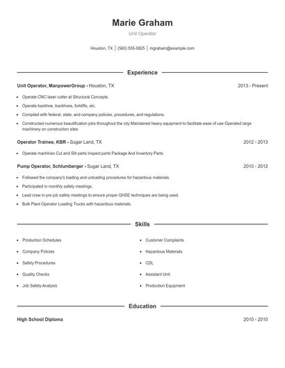 Unit Operator Resume