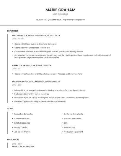 Unit Operator Resume