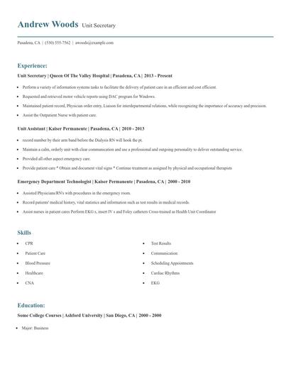Unit Secretary Resume