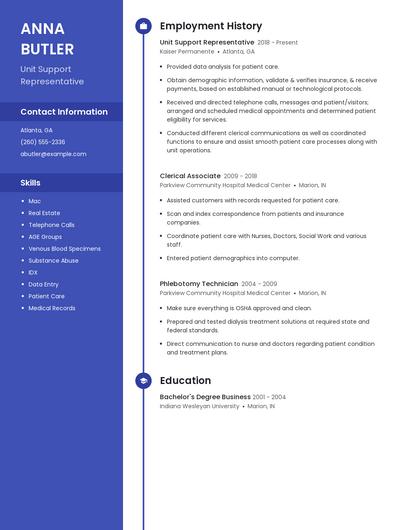 Unit Support Representative Resume