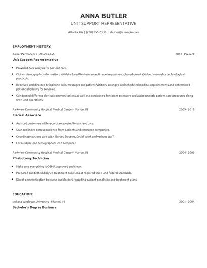 Unit Support Representative Resume