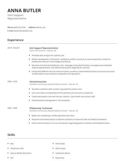 Unit Support Representative Resume