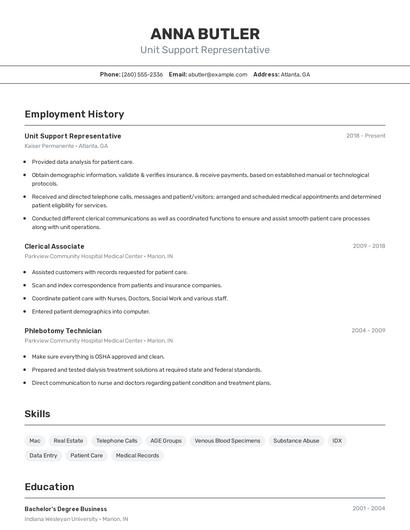 Unit Support Representative Resume