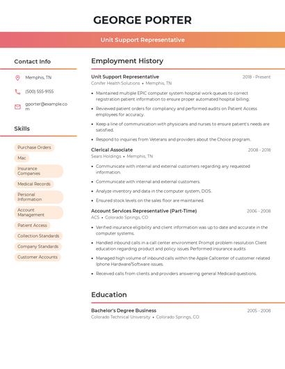 Unit Support Representative Resume