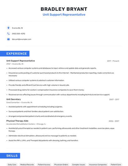 Unit Support Representative Resume