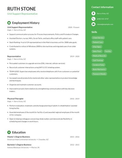 Unit Support Representative Resume