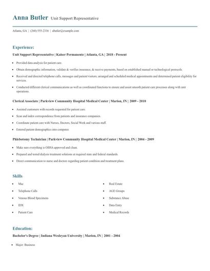 Unit Support Representative Resume