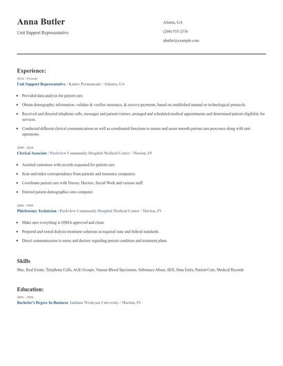 Unit Support Representative Resume
