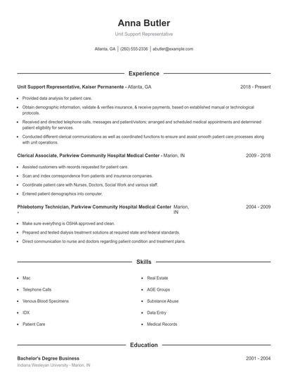 Unit Support Representative Resume