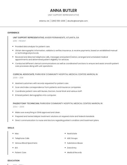 Unit Support Representative Resume