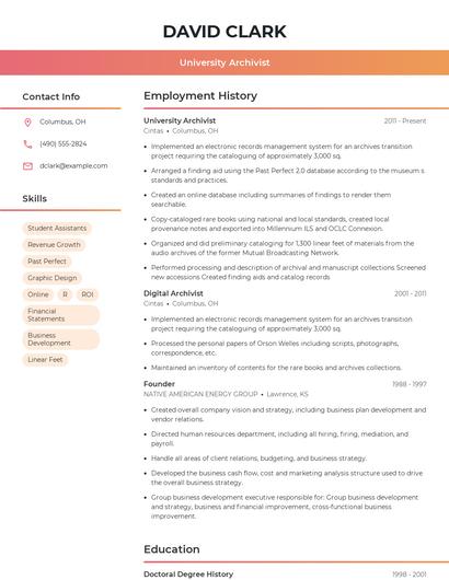 University Archivist Resume