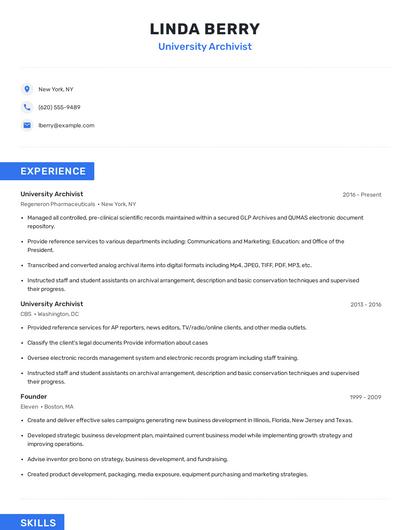 University Archivist Resume