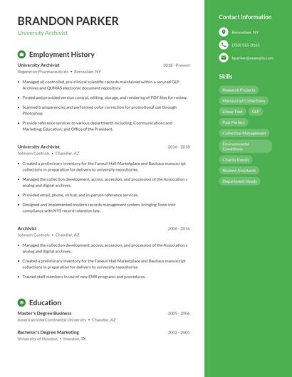 University Archivist Resume