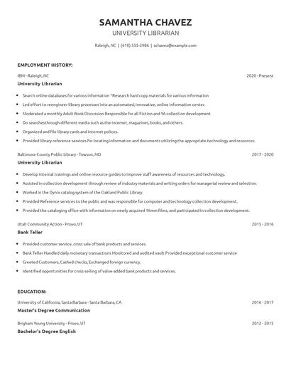 University Librarian Resume