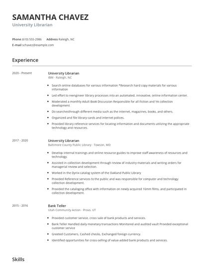 University Librarian Resume