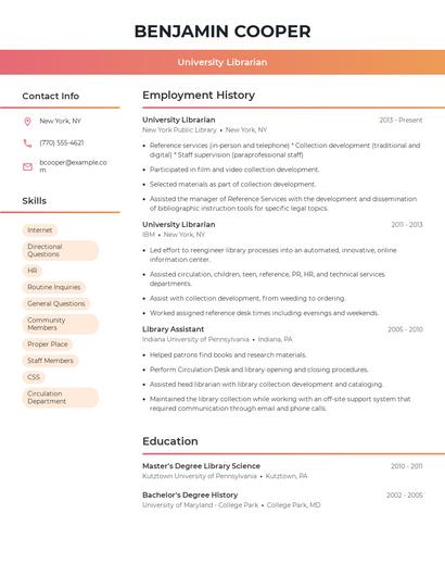 University Librarian Resume