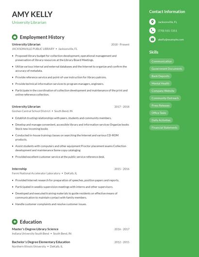 University Librarian Resume