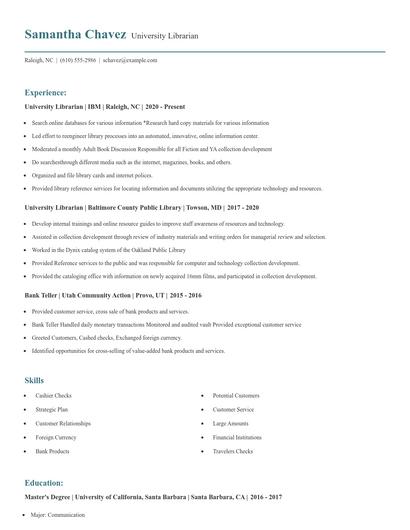 University Librarian Resume
