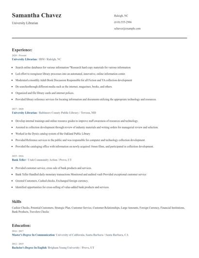 University Librarian Resume