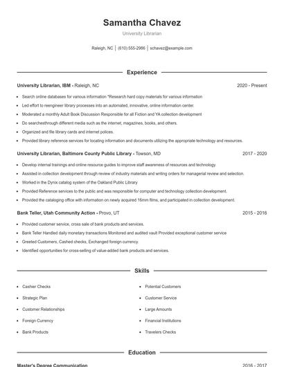 University Librarian Resume