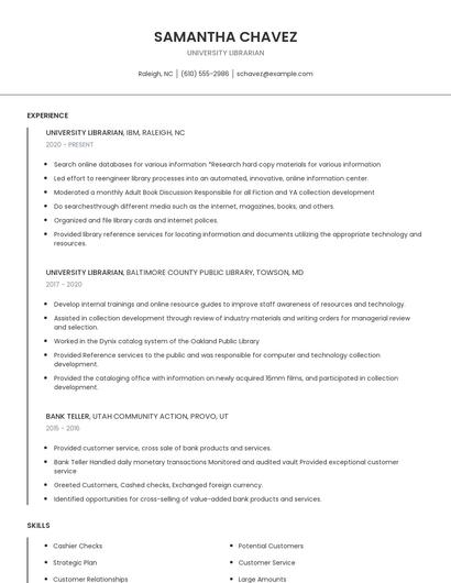 University Librarian Resume