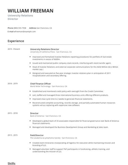 University Relations Director Resume