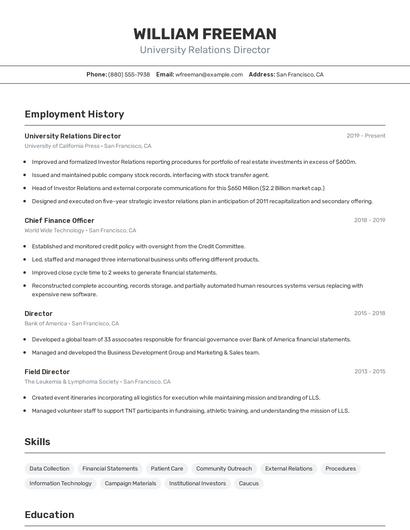 University Relations Director Resume