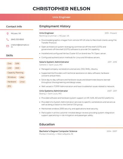 Unix Engineer Resume