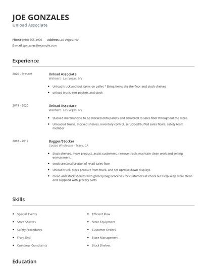 Unload Associate Resume