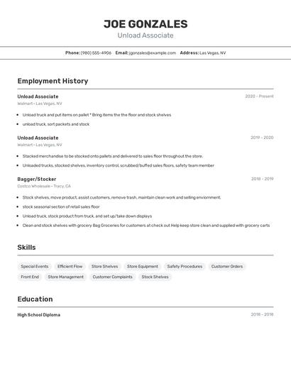 Unload Associate Resume