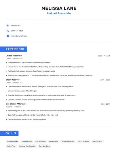 Unload Associate Resume