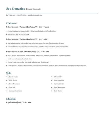 Unload Associate Resume