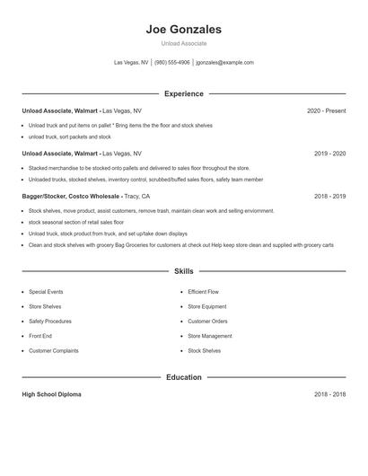 Unload Associate Resume