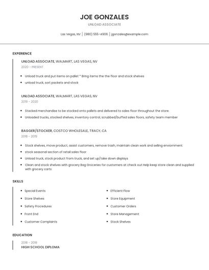 Unload Associate Resume